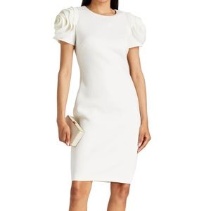 NEW Badgley Mischka Rosette Sleeve Neoprene White Dress